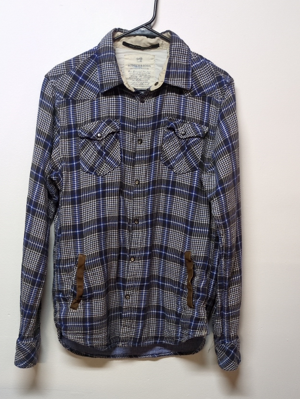 Scotch & Soda Blue White Flannel Pearl Snap Long Sleeve Cotton Shirt, Size L